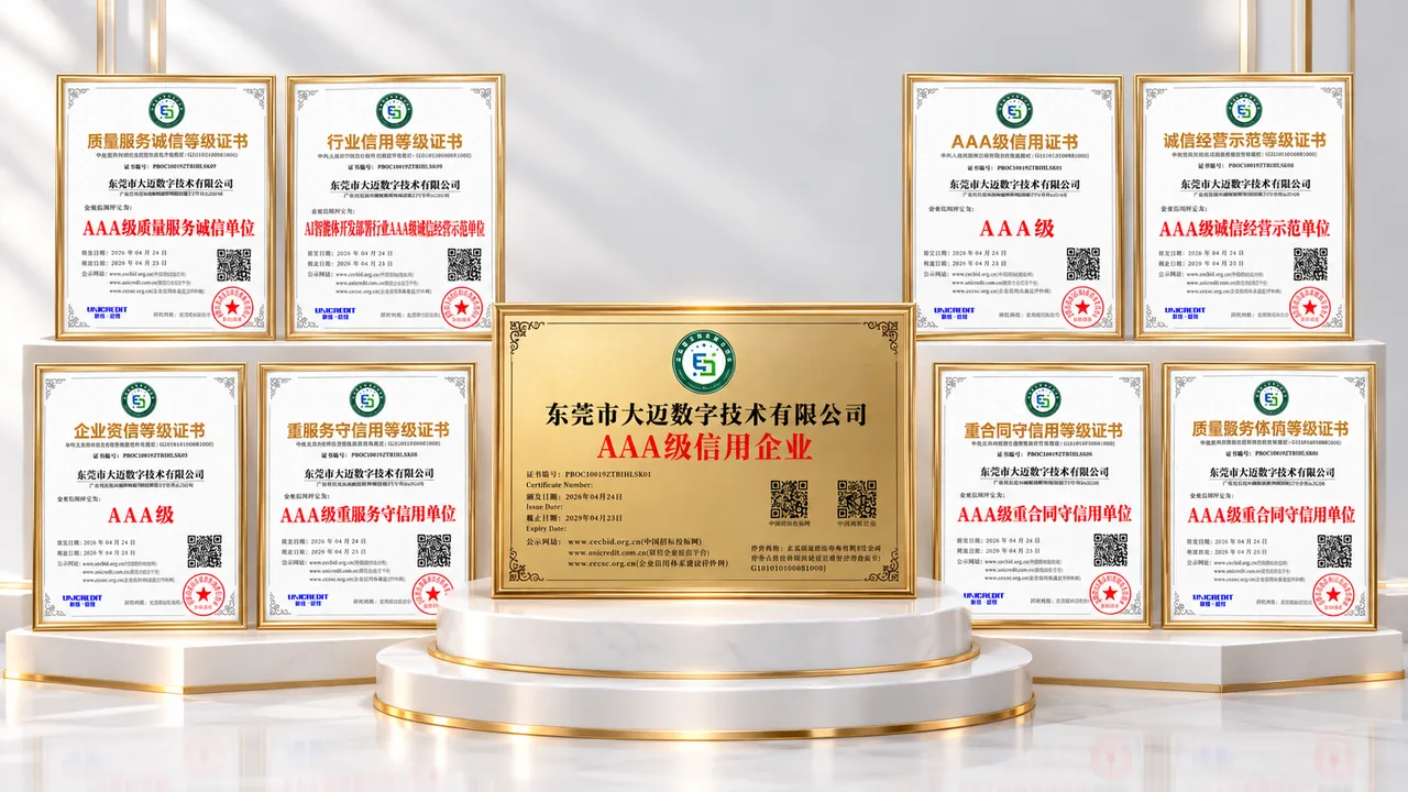 大迈数字九项企业资信与AAA级信用认证证书合影